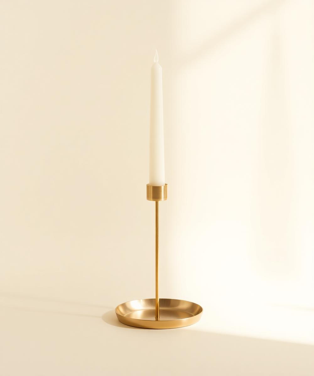 Brushed brass taper candle holder with a dish base from Heimora