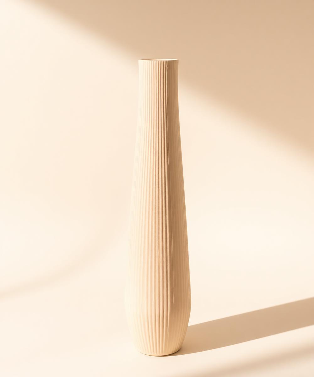 Ribbed sand-toned stoneware vase from the Heimora ceramic vase collection