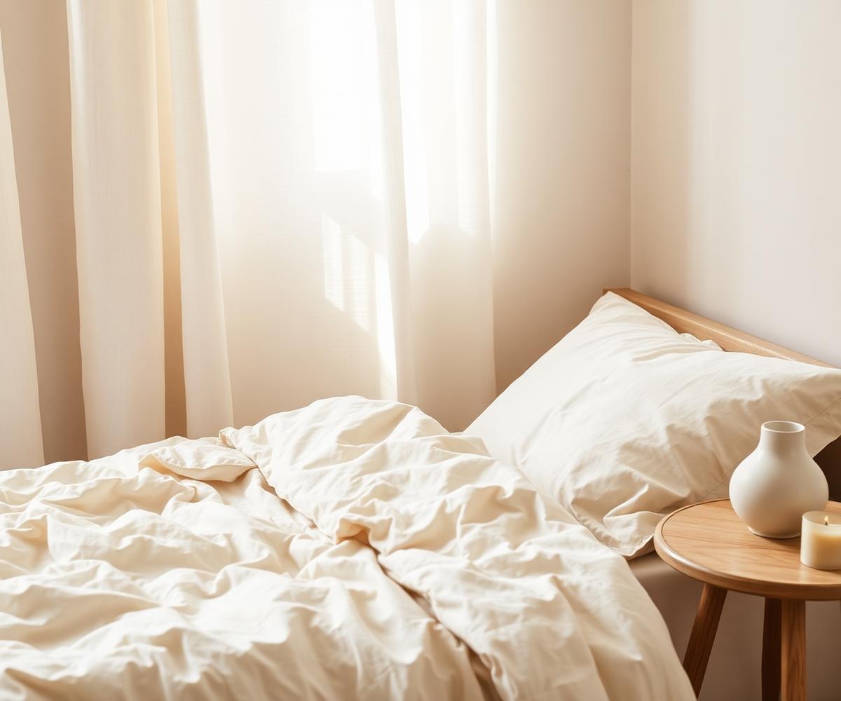 Calm bedroom with a small ceramic vase and candle on a bedside table