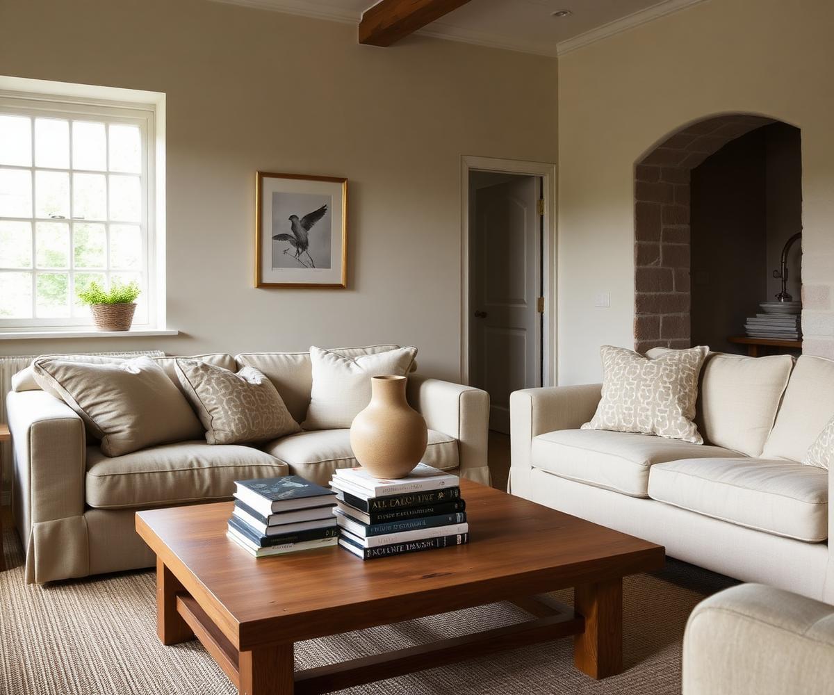 Neutral living room with a terracotta vase and oak tray on a coffee table