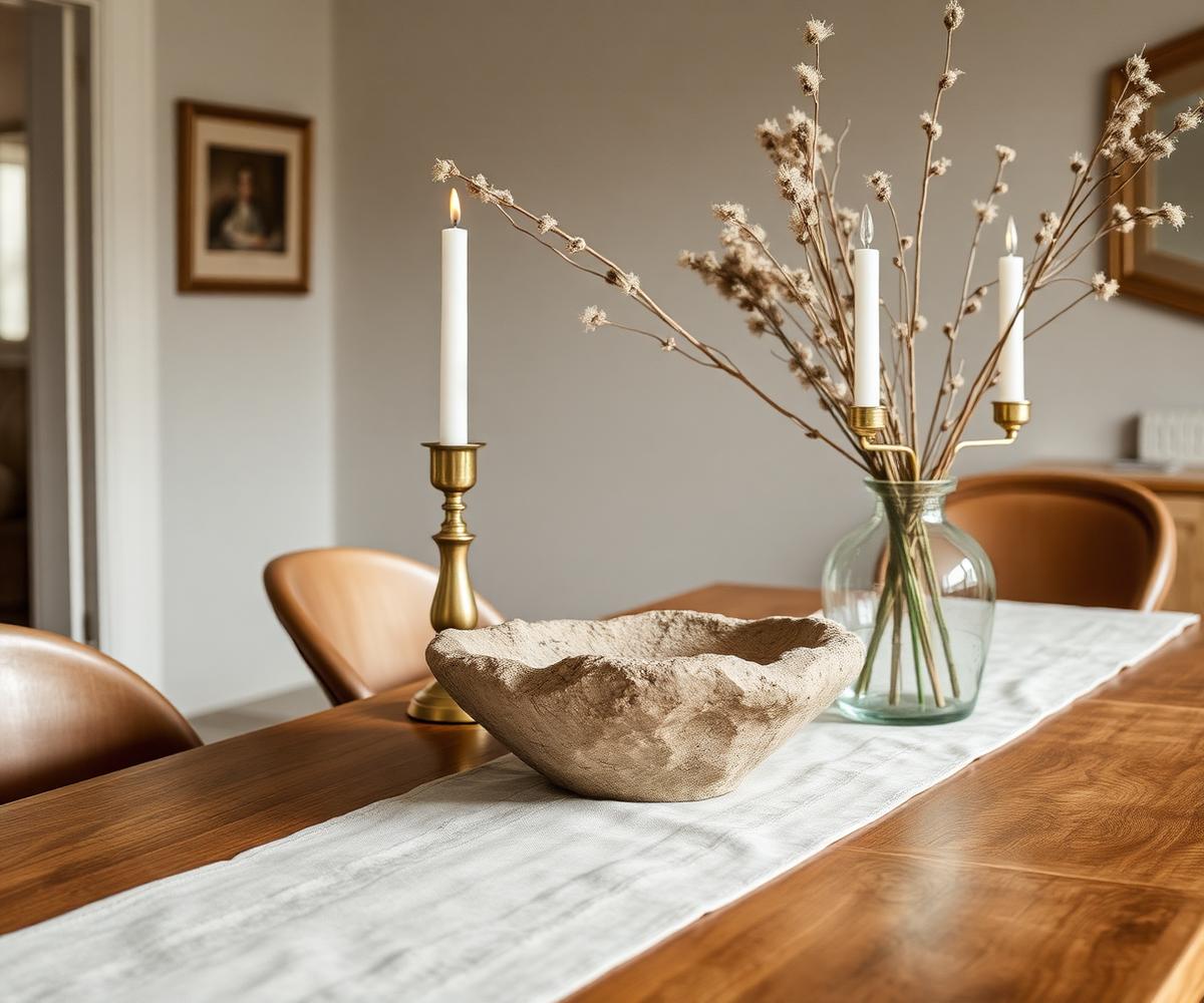 Dining table styled with a stone bowl, brass candle holders and dried stems