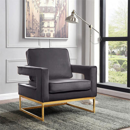 Noah Gray Velvet Accent Chair with Gold Iron Base